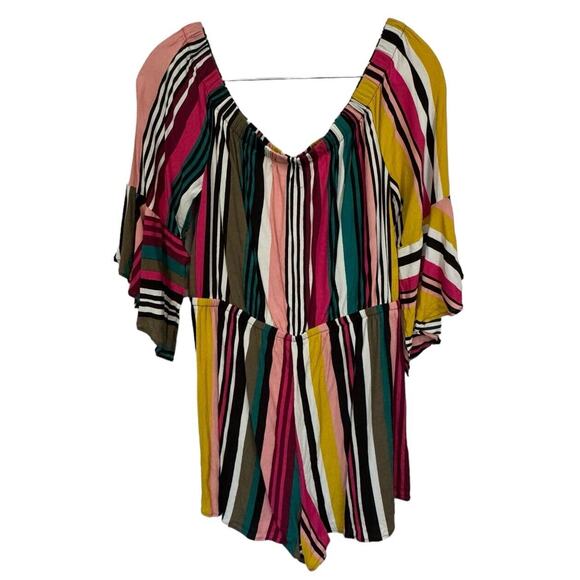 Express Off The Shoulder Striped Romper L Multicolor Cottage Boho Festival - Picture 1 of 7